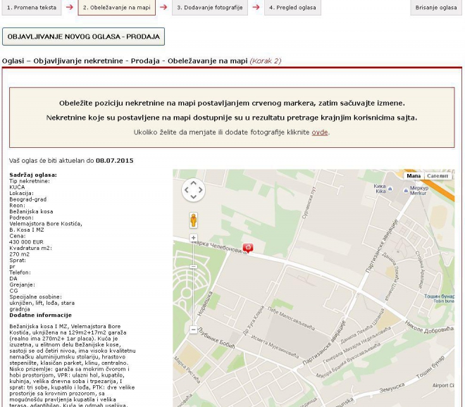 Pomoć – Kako obeležiti nekretninu na mapi prilikom objavljivanja oglasa na sajtu Imovina.net - slika 1